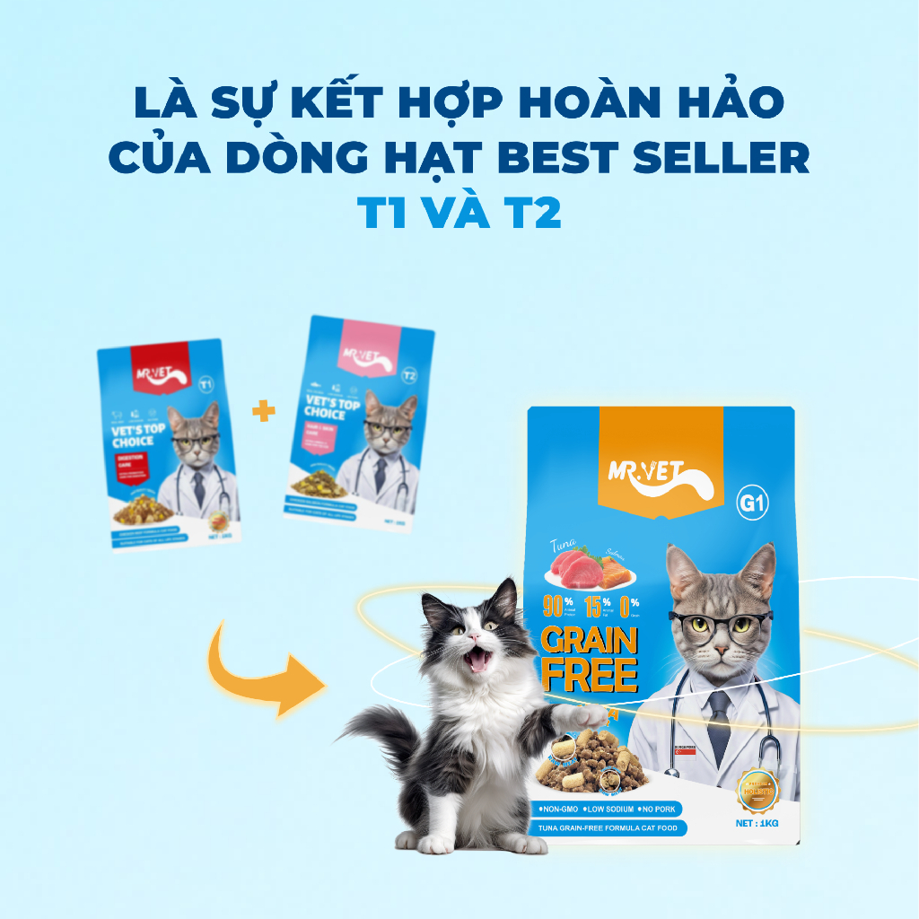Hạt Mr.Vet G1 1kg Cho Mèo - Hương Cá Ngừ, Không Độn Ngũ Cốc, Có Topping Thịt Sấy - Aikoko