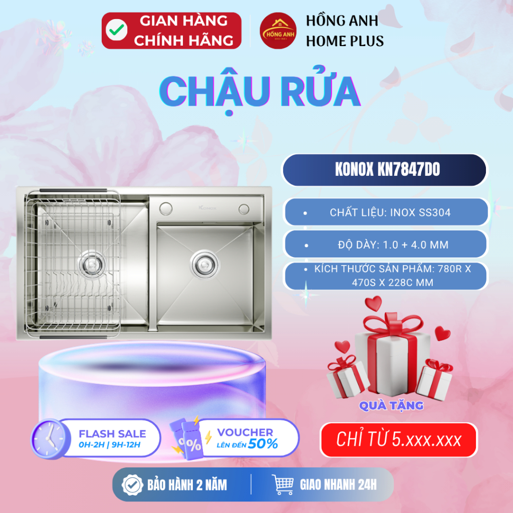 Chậu rửa bát inox Konox KN7847DO 2 hố, Overmount, độ dày 1.0 + 4.0 mm, xước mờ chống ồn, hiện đại