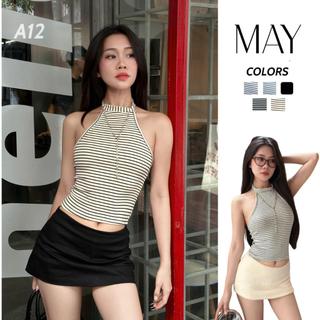  A12 Áo Thun Cổ Yếm Hở Lưng Phối Ren Cổ Lọ Cài Nút Cá Tính Fit Body - Màu Đen 