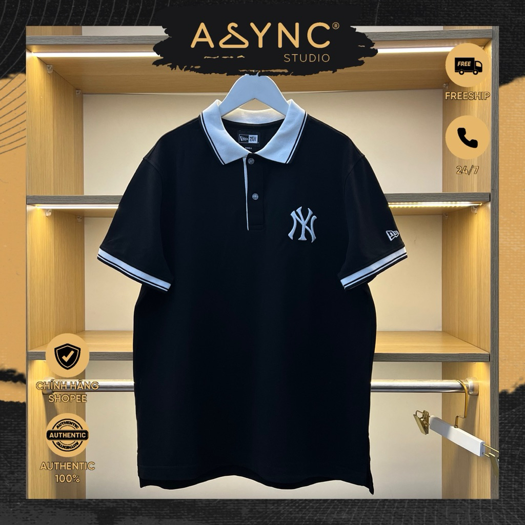 (Auth) Áo Polo New Era x MLB NY Đen Cổ Trắng V3 New Season Logo Thêu Trơn Basic | CODE: 13622700 - A