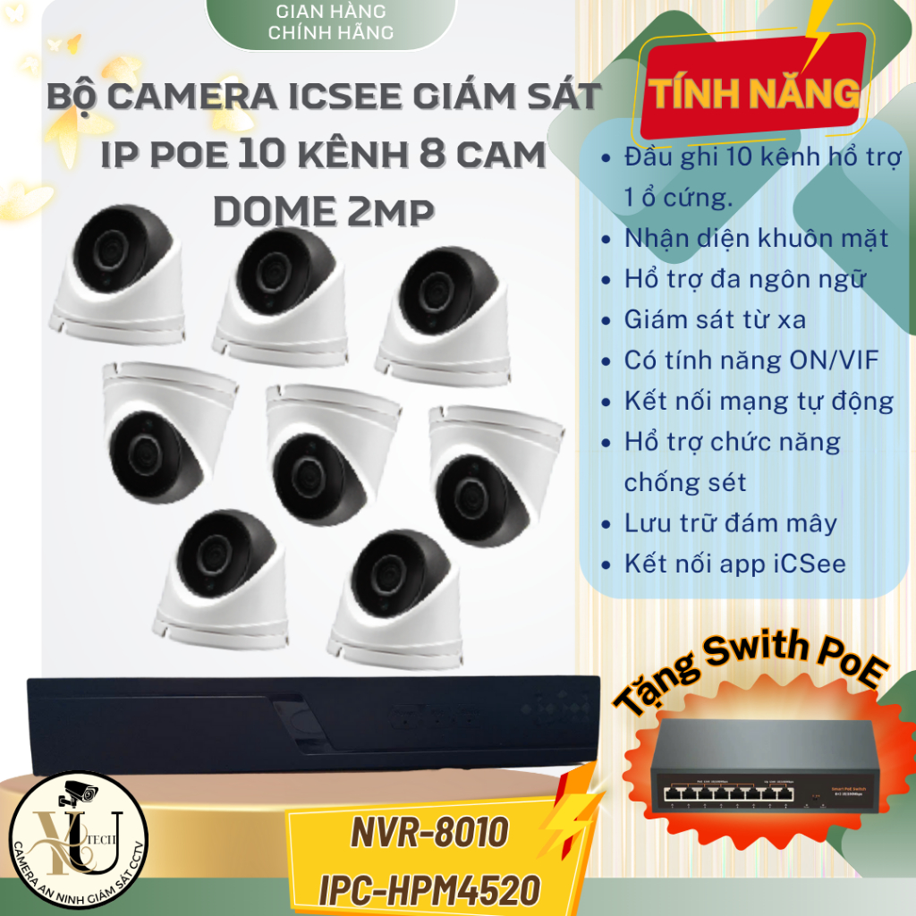 Bộ camera  iCSee  giám sát IP POE Đầu ghi 10 kênh + 8 camera dome 2MP