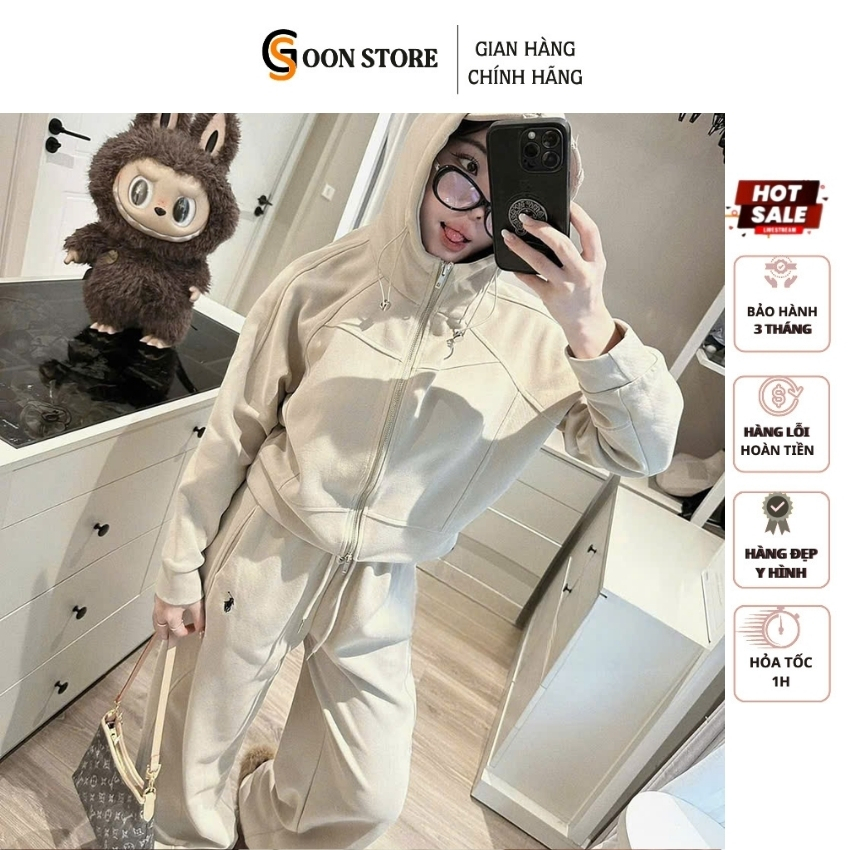 Set Hoodie zip quần suông Basic màu be năng động trẻ trung Goon Store