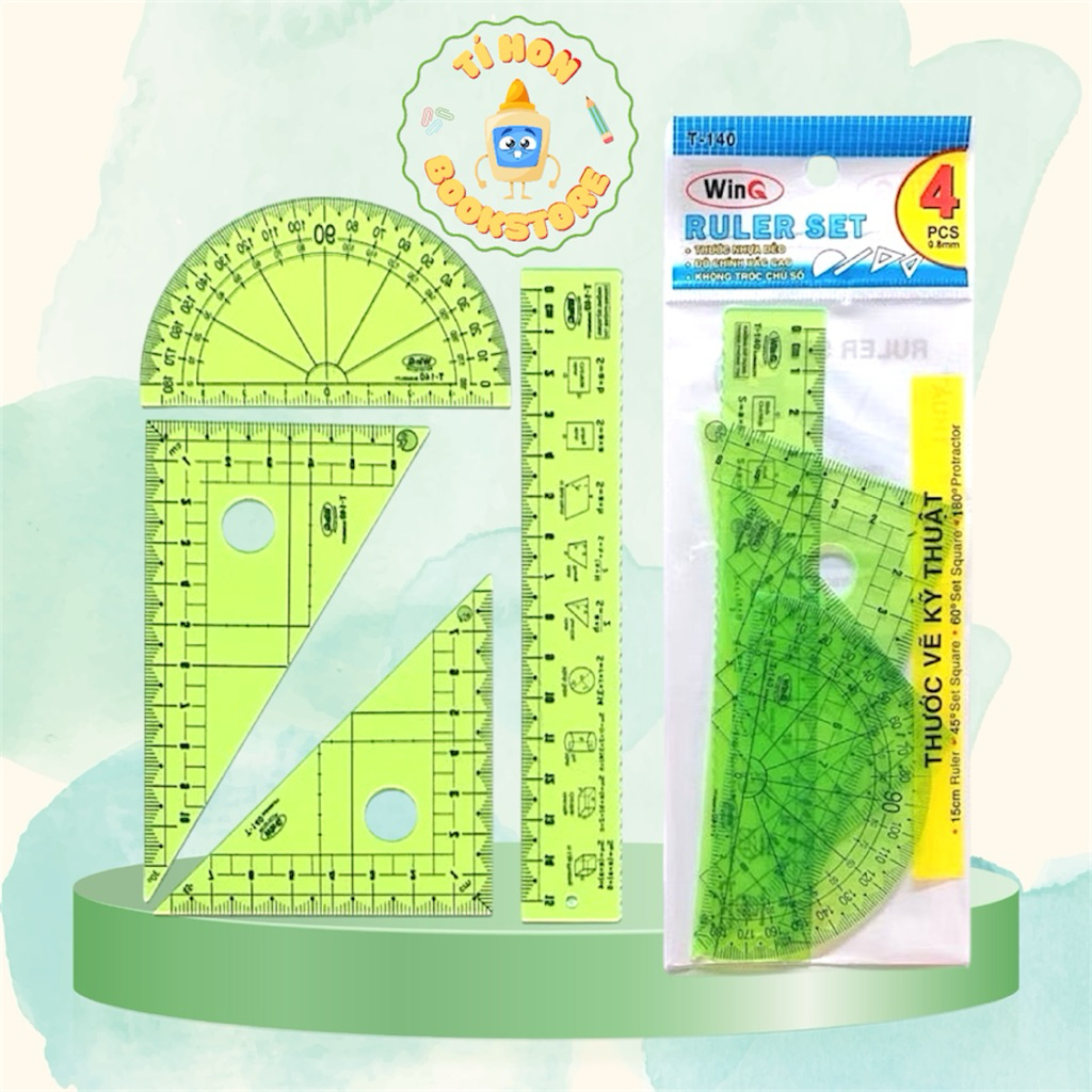 Bộ thước dẻo 4 món WinQ T-140 học sinh, bộ thước gồm 1 thước kẻ thẳng 15cm, 1 Êke, 1 thước tam giác 