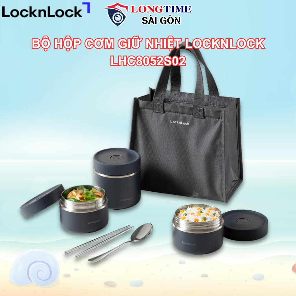 Hộp Cơm Giữ Nhiệt LocknLock LHC8052S02 Giữ Nhiệt Đến 6 Tiếng (300ml*2, 500ml*1, bộ đũa và thìa, túi)