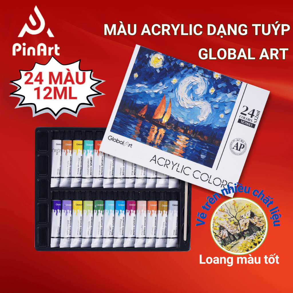 Màu Nước Acrylic GLOBAL ART 24 Màu  Cao Cấp - Màu Acrylic Chống Thấm Nước Bền Màu Vẽ Trên Mọi Chất L
