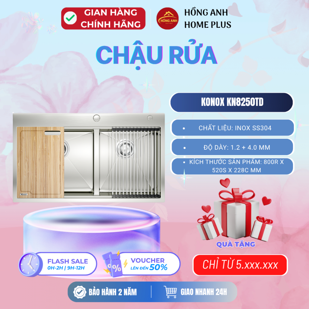 Chậu rửa bát Konox KN8250TD, inox 304, workstation lắp dương 2 hố, dày 1.0 cộng 4.0 mm chắc chắn