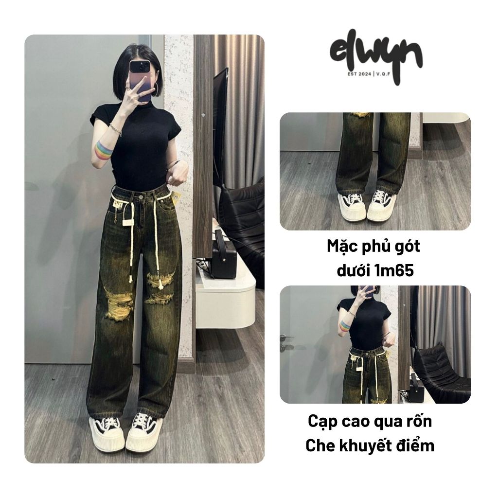 Quần jean nữ rách gối ELWYN (tặng kèm dây) quần ống suông màu đen ánh rêu size S M L 8841