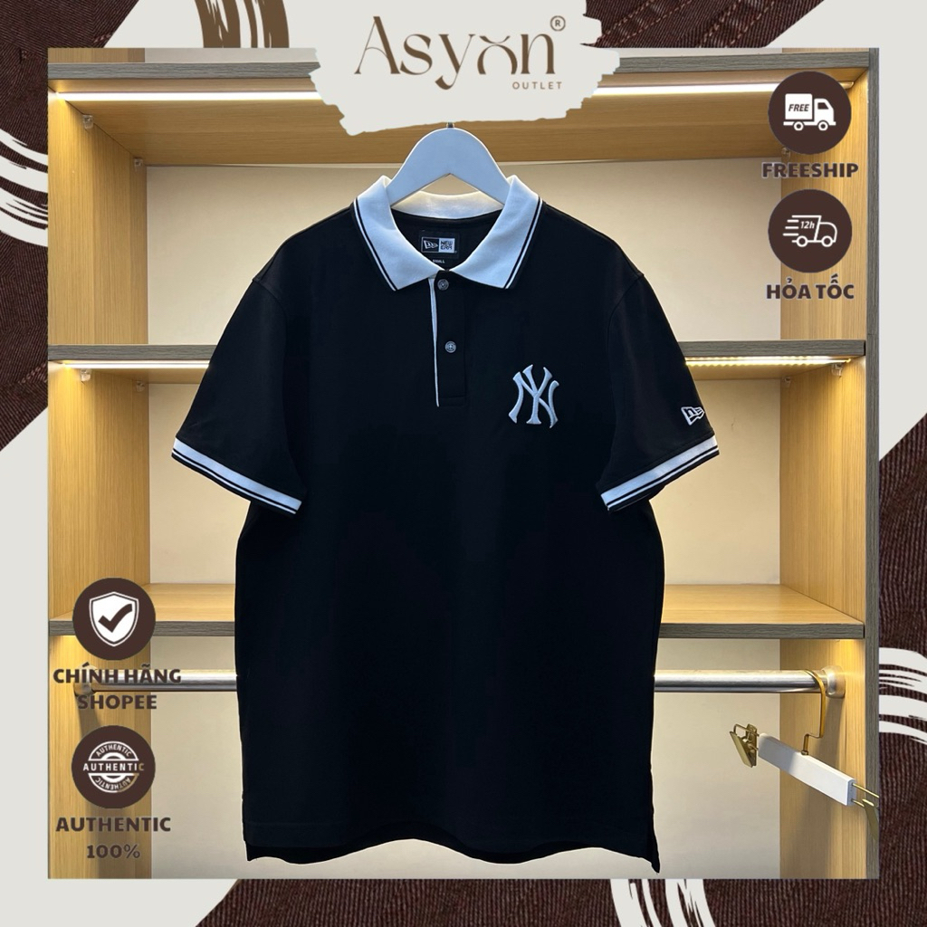 (Auth) Áo Polo New Era x MLB NY Đen Cổ Trắng V3 New Season Logo Thêu Trơn Basic | CODE: 13622700 - A