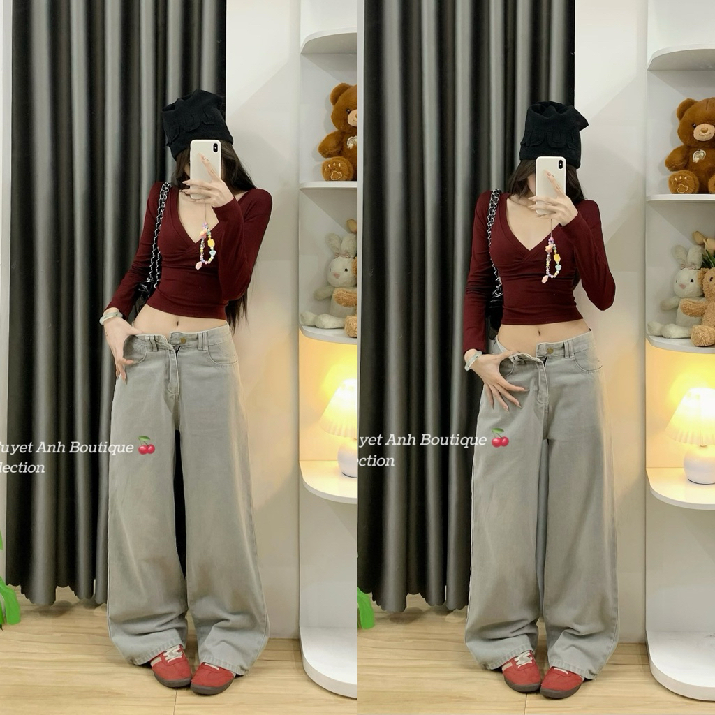 | Hta.boutique | Quần jean nữ ống rộng màu xám tro form suông dài tôn dáng