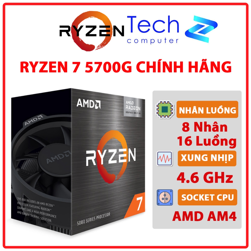 CPU AMD Ryzen 7 5700G 8 Core 16 Thread 3.8GHz Turbo 4.6GHz Cache 20MB Socket AM4 – Chính Hãng
