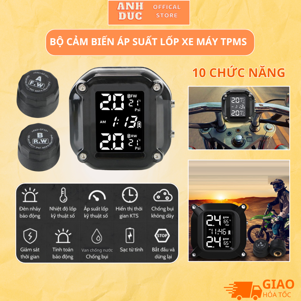  Bộ Cảm Biến Áp Suất Lốp Xe Máy TPMS Hiển Thị 10 Chức Năng,Màn Hình LCD Nhìn Được Dưới Nắng Sạc Pin Nam Châm BH 24 Tháng 