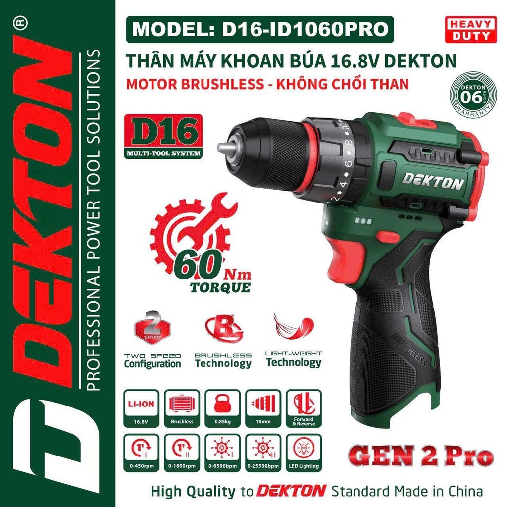 Máy khoan tường DEKTON Gen 2 Pro D16-ID1060PRO / D16-ID1060XPRO -  Không chổi than 60Nm