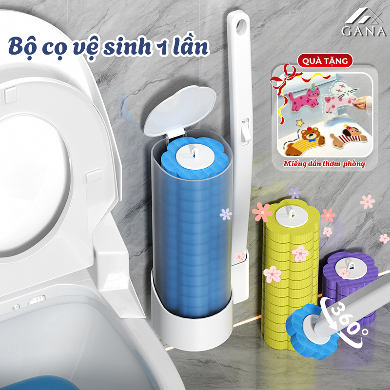 Bộ cọ vệ sinh dùng một lần gắn tường GANA, cọ toilet xoay 360 độ thế hệ mới có đầu thay thế.