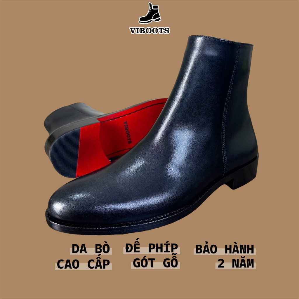Giày Da Nam Zip Boots Đế Đỏ Da Bò Cao Cấp Thương Hiệu Viboots Ôm Chân Tăng Chiều Cao