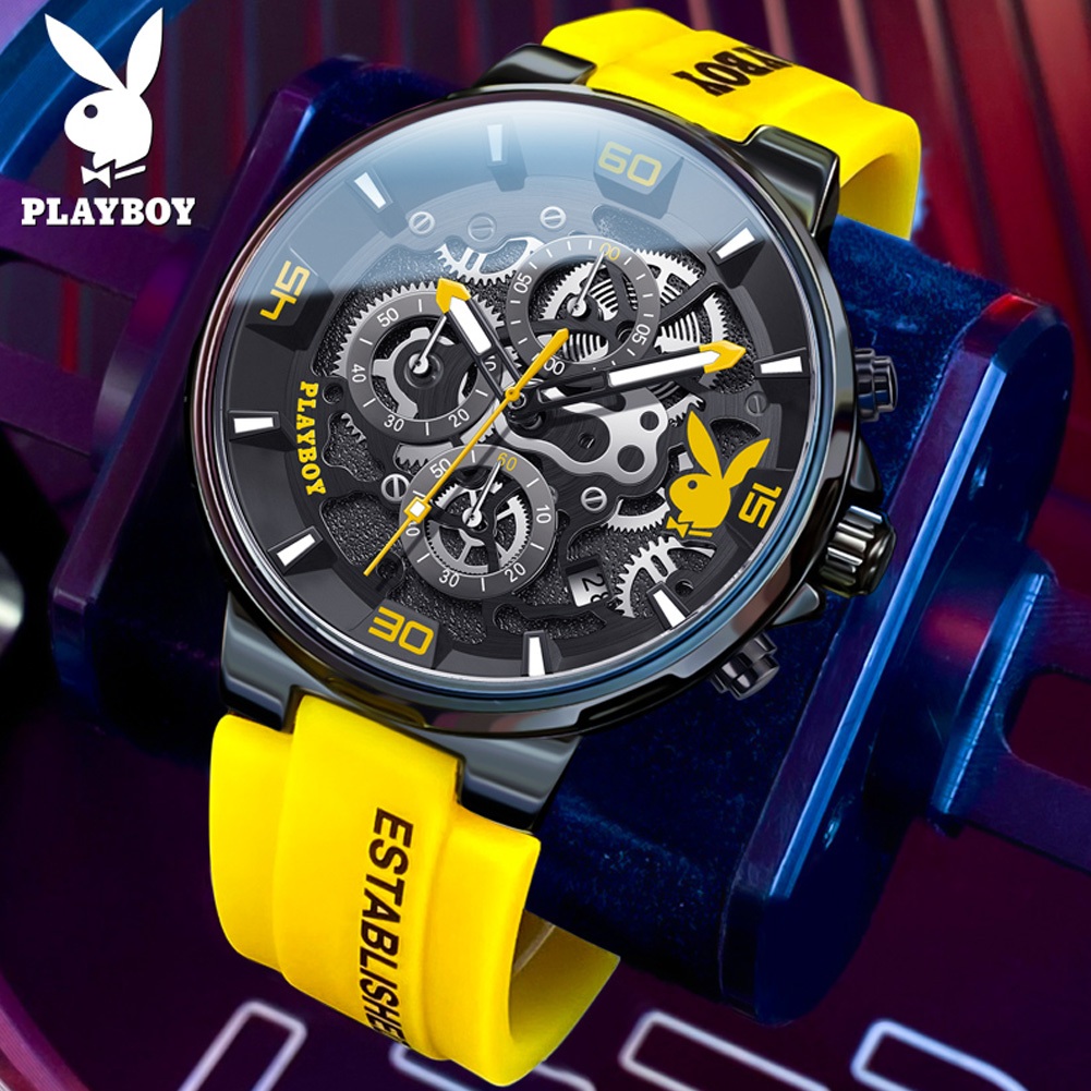 PLAYBOY Đồng hồ Nam dây đeo đồng hồ thạch anh silicon và chức năng chronograph chống nước lịch 3063