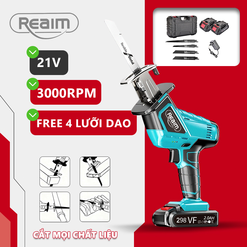 REAIM Máy Cưa Kiếm Pin Không Chổi Than Máy Cưa Kiếm Cầm Tay Kèm 4 Lưỡi Cắt