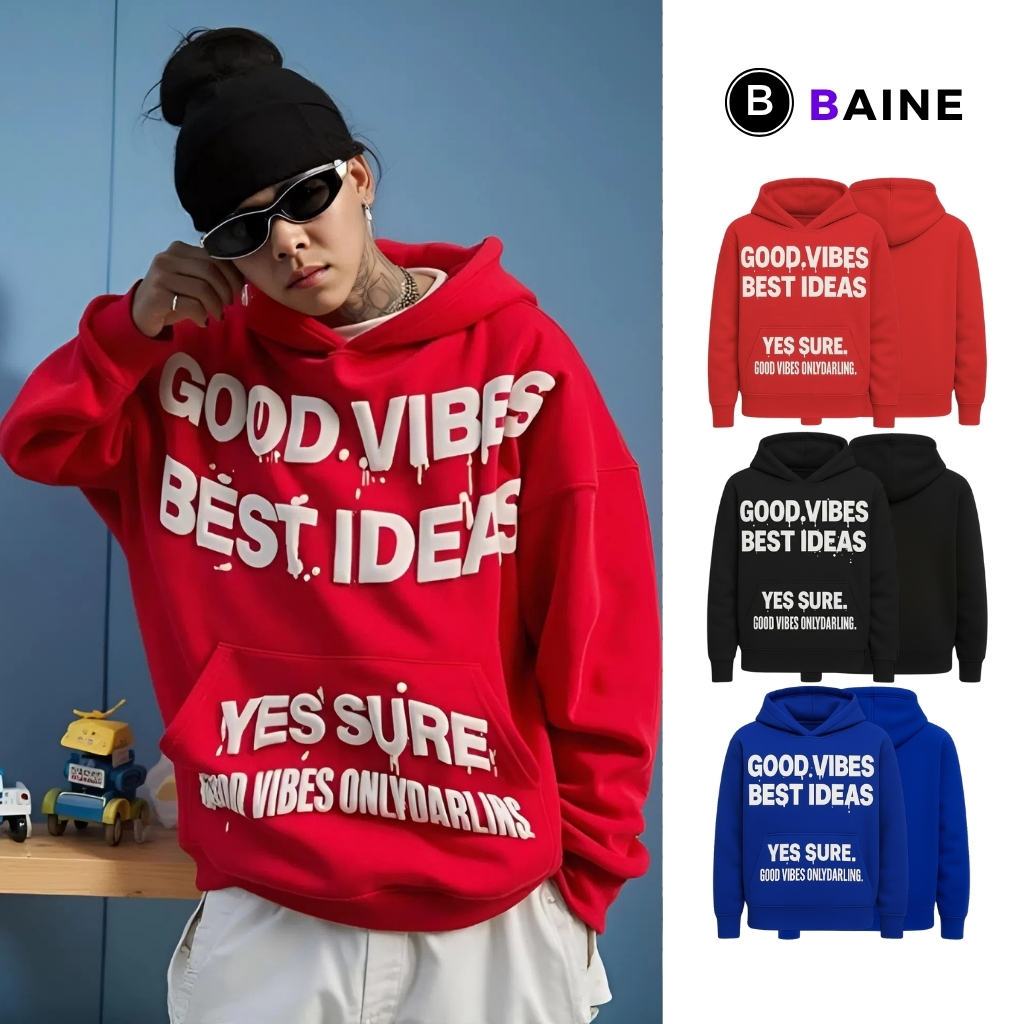 Áo Khoác HOODIE GOOD VIBES IN NỔI Nỉ Bông KN25, Áo Khoác Có Túi Nam Nữ Unisex BAINE