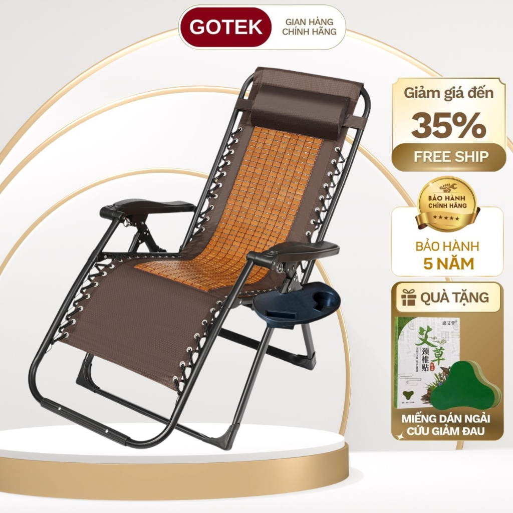 Ghế Lười Thư Giãn Gấp Gọn GOTEK Cao Cấp, Đệm Lưng Chiếu Trúc Mát Mẻ, Khung Thép Carbon Tặng Kèm Khay