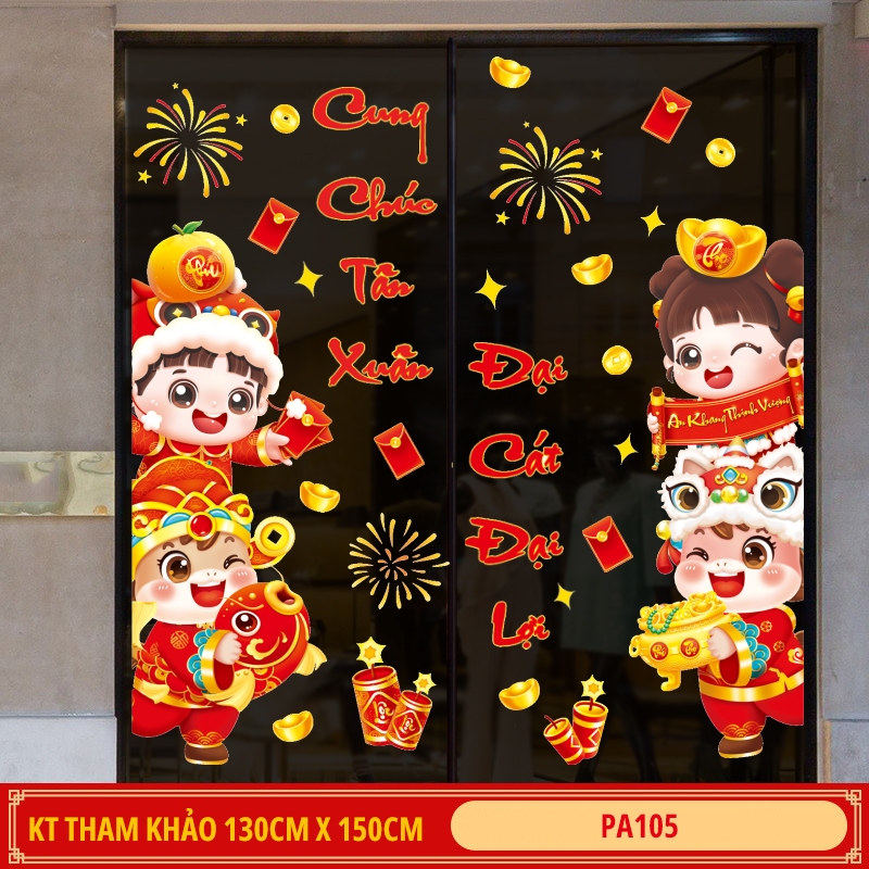 Decal tết 2026 dán kính trang trí kính hít tĩnh điện trang trí tết, năm mới phuc an wall decor