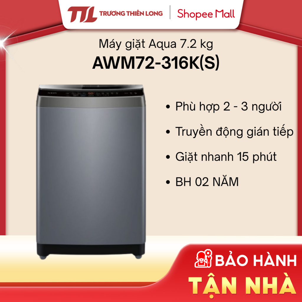 [Shopee - Lắp đặt 0Đ HN HCM] AWM72-316K(S) - Máy Giặt Lồng Đứng Aqua 7.2 Kg