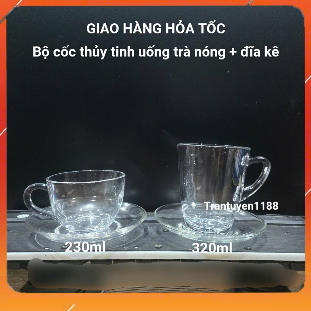 Bộ 6 Cốc thủy tinh có quai uống cafe trà nóng 230ml 320ml đĩa kê chính hãng ThaiLan UG 343 Trantuyen