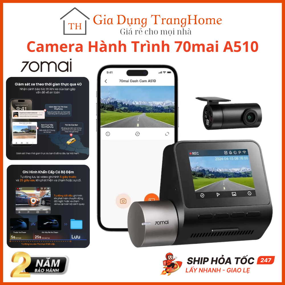 Camera Hành Trình 70mai A510 4G Độ Phân Giải 3K HDR Sắc Nét Ghi Hình Đồng Thời 2 Mắt Trước Sau