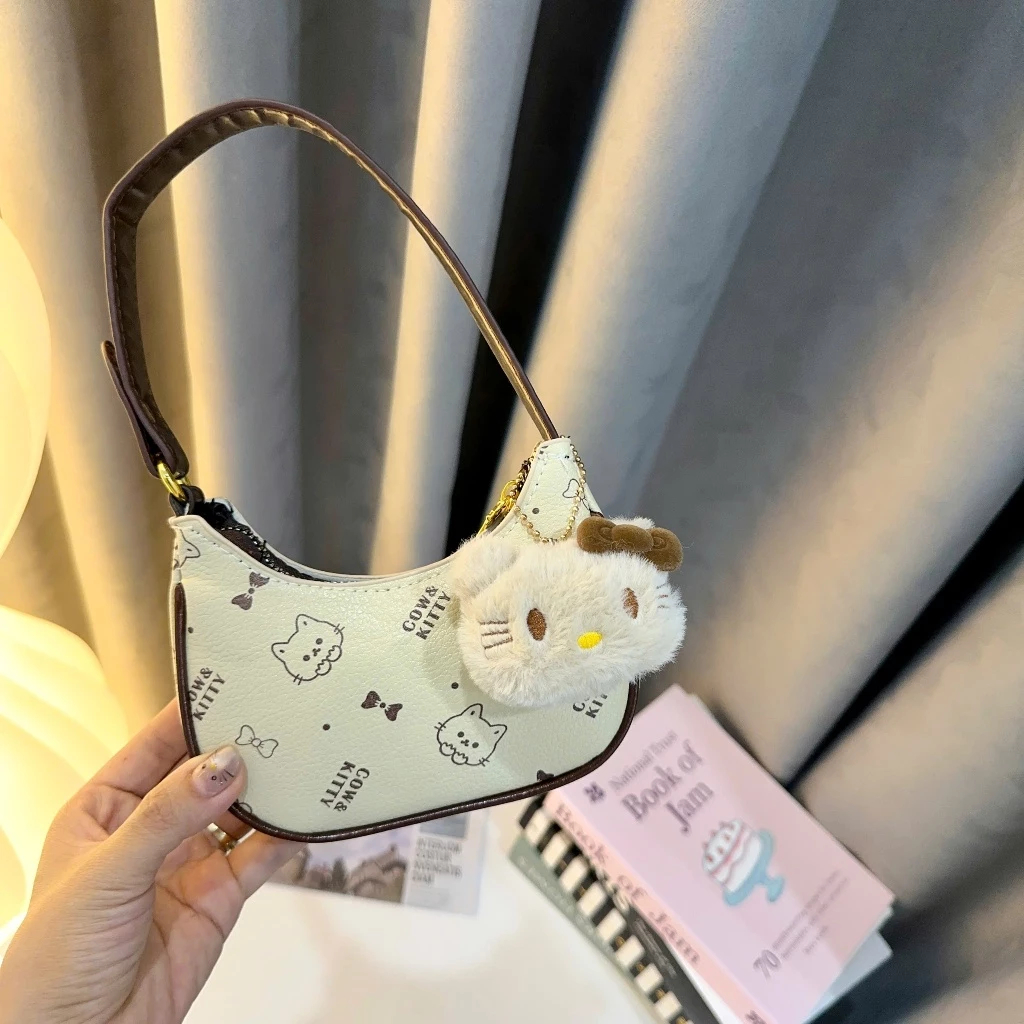 Túi đeo vai, túi kẹp nách mini dáng baguette, in hình mèo hoạt hình dễ thương, tặng kèm thú bông mèo