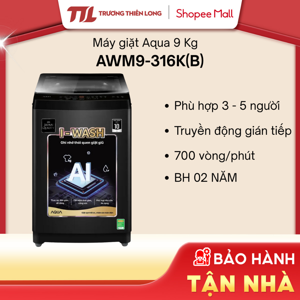 [Shopee - Lắp đặt 0Đ HN HCM] AWM9-316K(B) - Máy Giặt Lồng Đứng Aqua 9 Kg