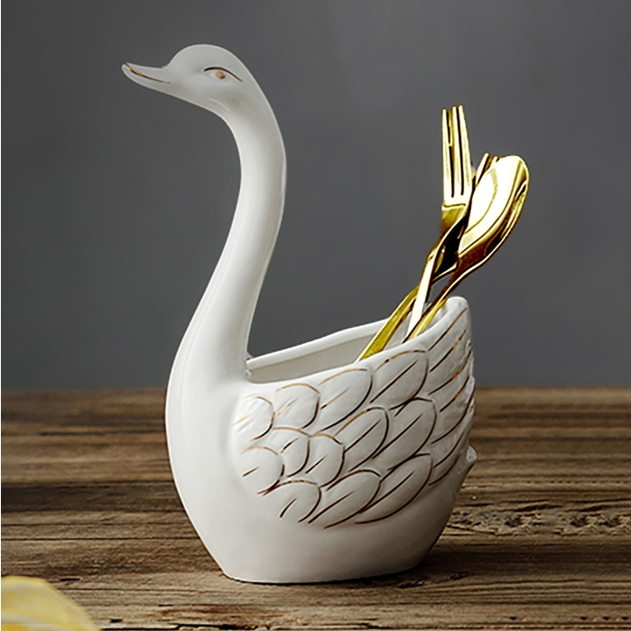 Giỏ sứ hình Thiên nga vẽ vàng kim | THIÊN NGA SỨ DECOR ĐỰNG THÌA NĨA - CẮM HOA | HŨ SỨ HÌNH THIÊN NG