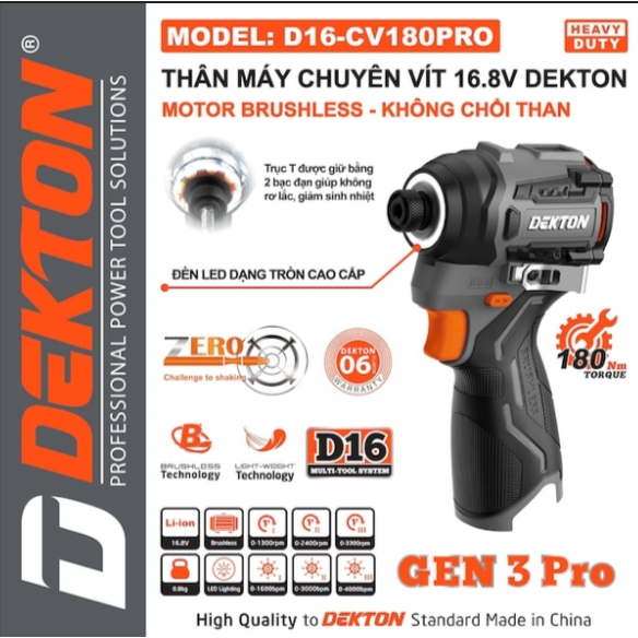 Máy chuyên vít pin DEKTON D16-CV180PRO / D16-CV180XPRO - Không chổi than 180Nm 3 tốc độ