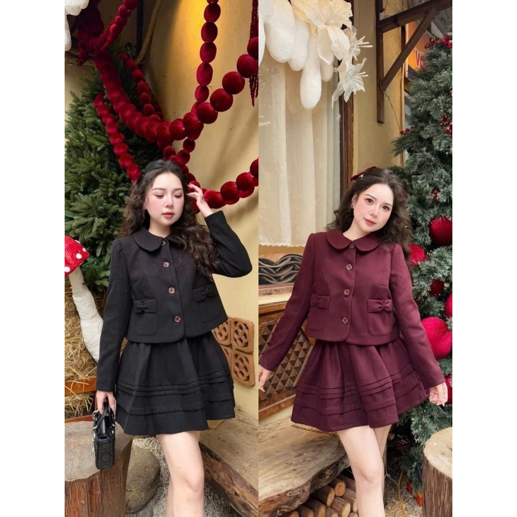 (Set 2 Món): Set Dạ Ép Cổ Sen Dài Tay Phối Cúc Túi Nơ Mix Chân Váy Dập Ly Xòe Bồng 2 Màu Cute Tiểu T