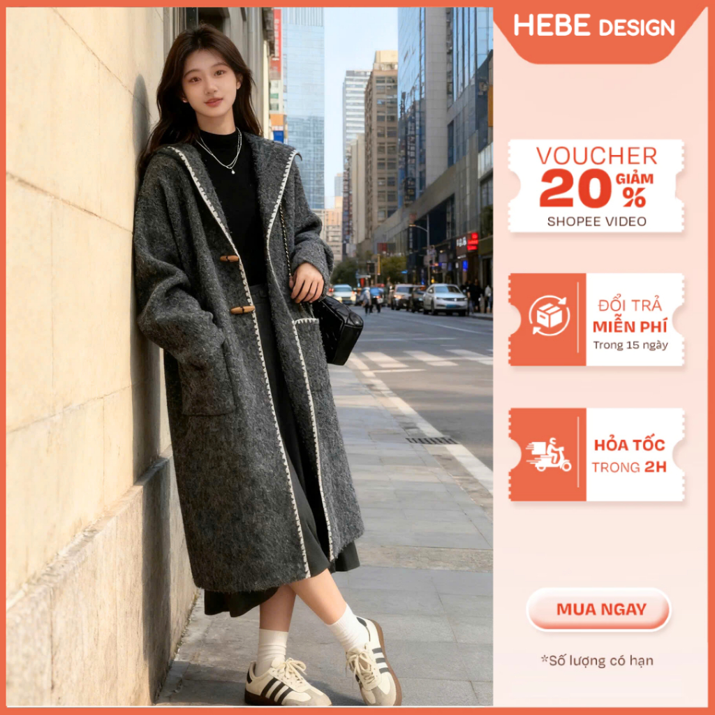 Áo Khoác Dạ Bunko Dáng Dài Có Mũ Có Túi, Áo Khoác Có Viền Xinh Xắn Ấm Áp HeBe Boutique