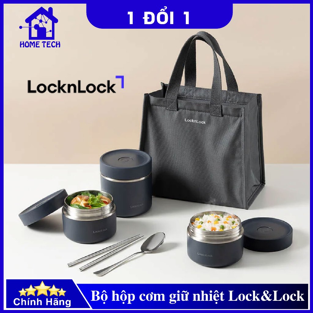 Bộ hộp cơm giữ nhiệt LocknLock Lunch Box LHC8052S02, Hàng chính hãng, 3 hộp giữ nhiệt, kèm túi và bộ