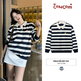  Áo Thun Dài Tay Polo Kẻ Ngang Bycamcam Sọc Lớn Hàn Quốc Thu Đông Logo Thêu Trendy APD309 
