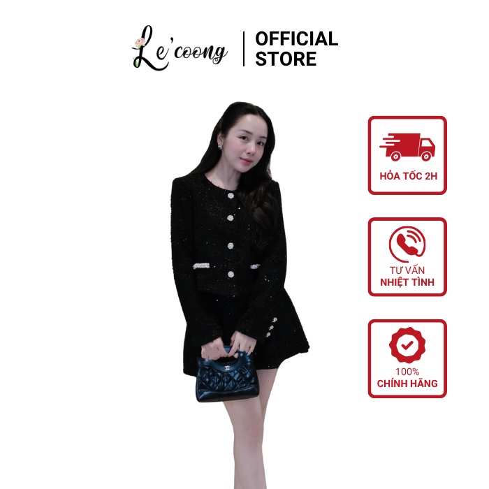 Set Dạ Tweed Cao Cấp Đính Đá LECOONG B241 Đầm Đẹp Hai Màu Đen Be Sang Chảnh