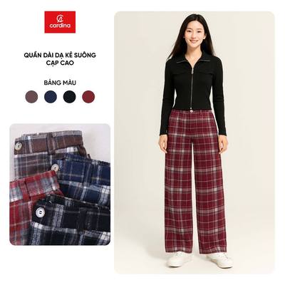 Quần dài nữ CARDINA chất liệu dạ kẻ dáng suông phối cạp cao chun sau  5QDT45