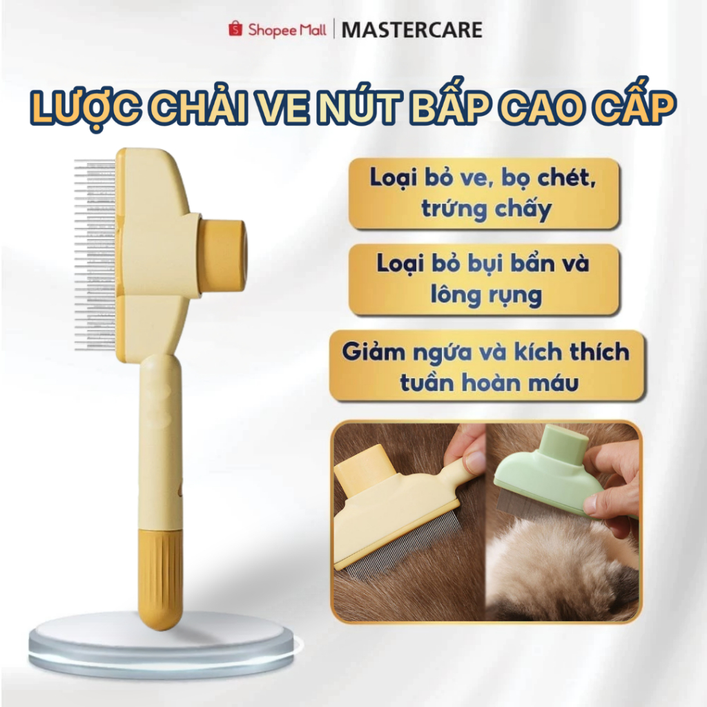Lược chải ve rận cho chó mèo, lược chải lông có nút bấm