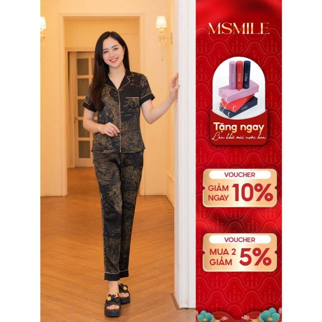 Bộ mặc nhà MSMILE lụa Satin cao cấp tay ngắn quần dài, chất liệu mịn màng, thoáng mát - BD283