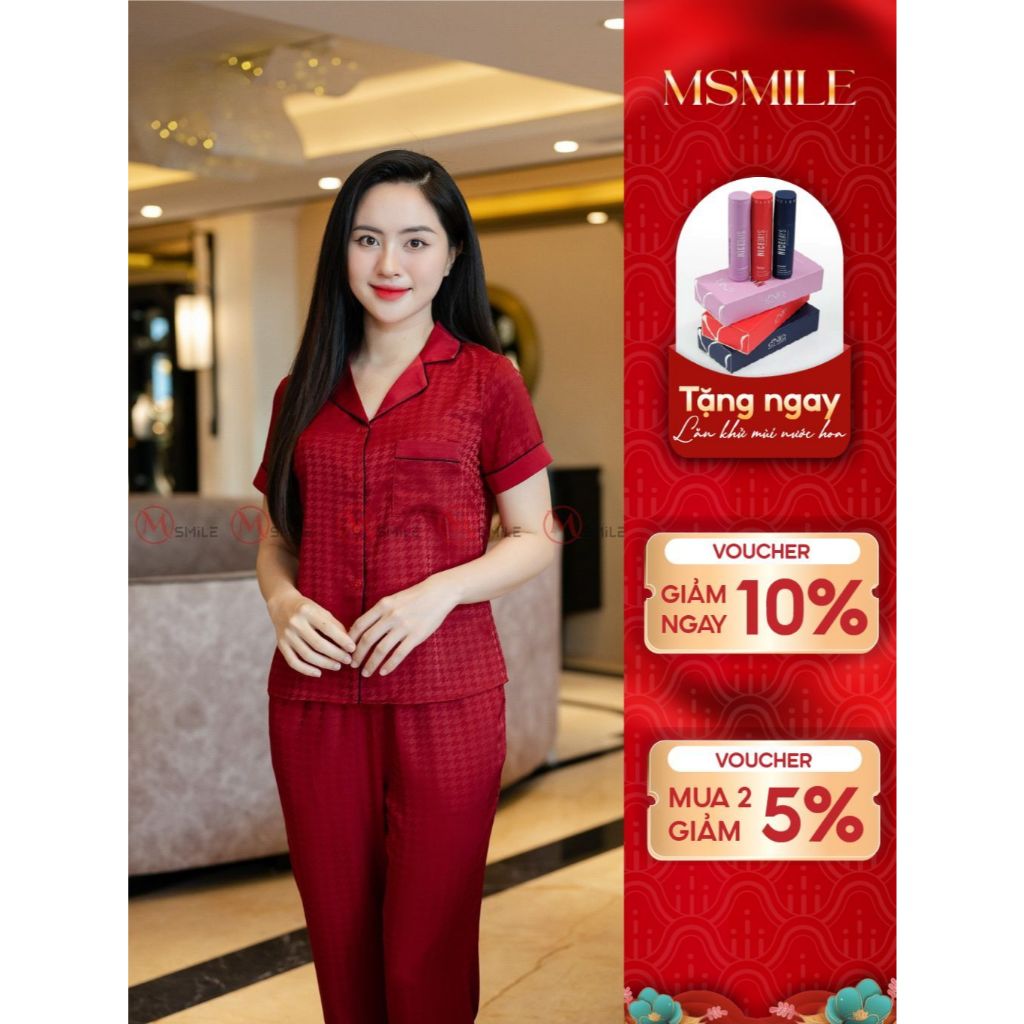 Bộ mặc nhà MSMILE lụa Gấm cao cấp tay ngắn quần dài, chất liệu mịn màng, thoáng mát - BD296