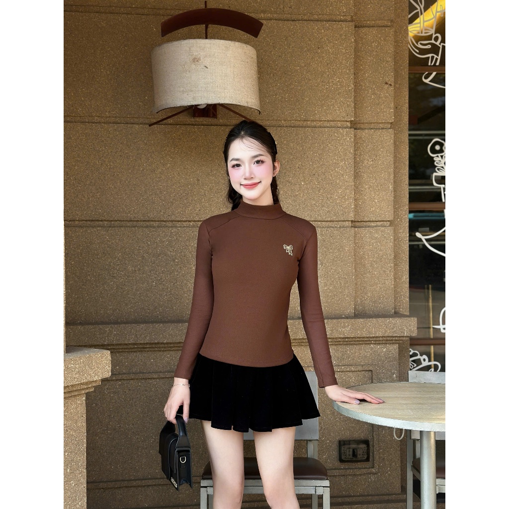 Áo Giữ Nhiệt Thêu Nơ Len Lông Thỏ Cổ 3cm Ấm Áp Mùa Đông Chất Liệu Len Lông 2 Mặt (NHIET-06) | BigBuy360 - bigbuy360.vn