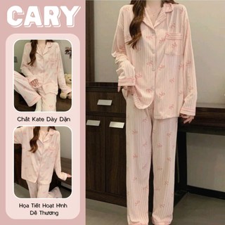  Bộ pijama tay dài sọc nơ cho cô gái ngọt ngào phong cách Hàn Quốc,trang phục thường ngày dễ mặc CARY 