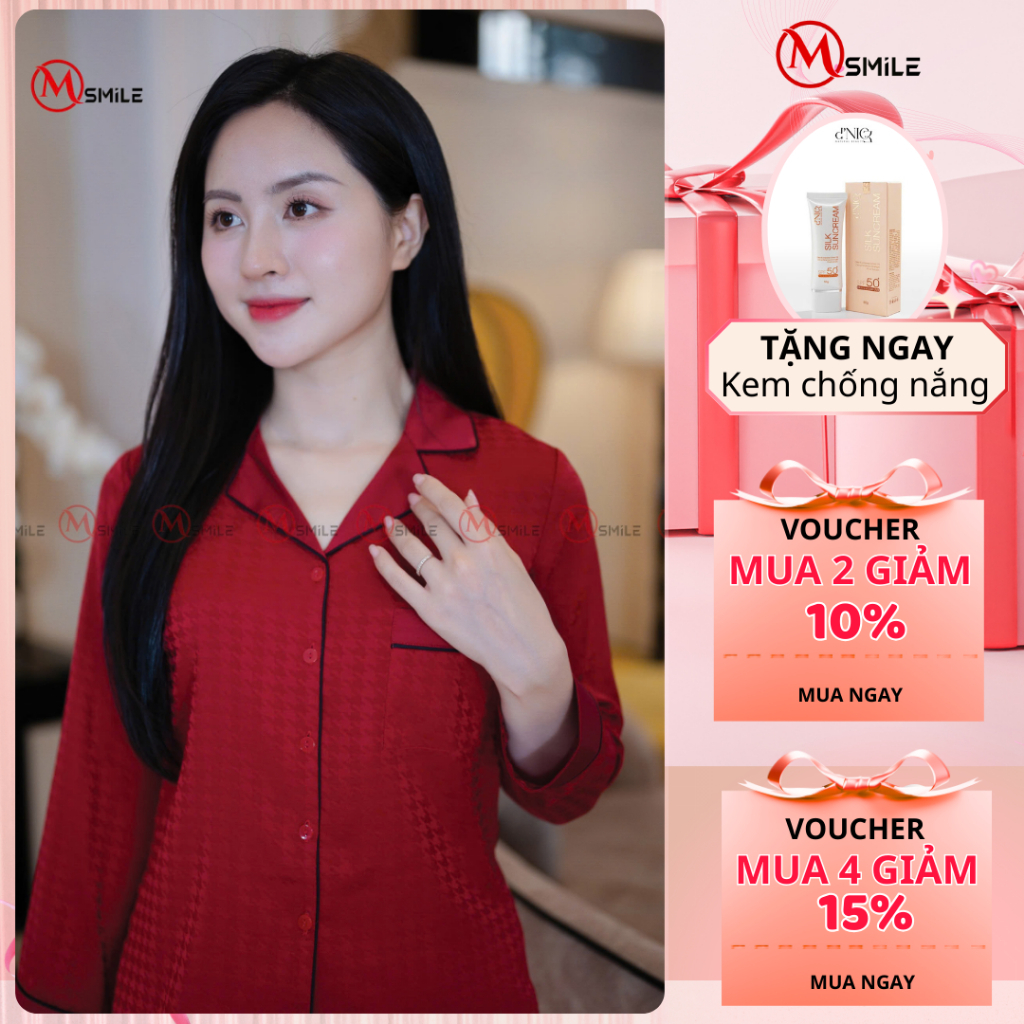 Bộ mặc nhà MSMILE lụa Gấm cao cấp tay dài quần dài, chất liệu mịn màng, thoáng mát - BD384