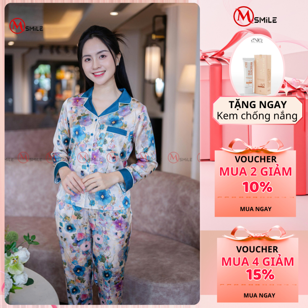 Bộ mặc nhà MSMILE lụa Satin cao cấp tay dài quần dài, chất liệu mịn màng, thoáng mát - BD387