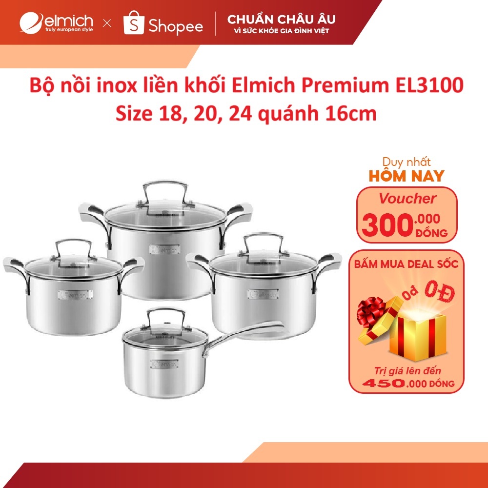 Bộ nồi inox liền khối Elmich Premium EL3100 Size 18, 20, 24 quánh 16cm