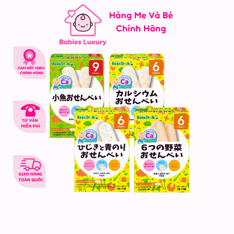 Bánh Ăn Dặm Beanstalk Nhật Bản (6m+) Bổ Sung Canxi, DHA | Bánh Gạo, Rong Biển, Rau Củ, Cá Mòi