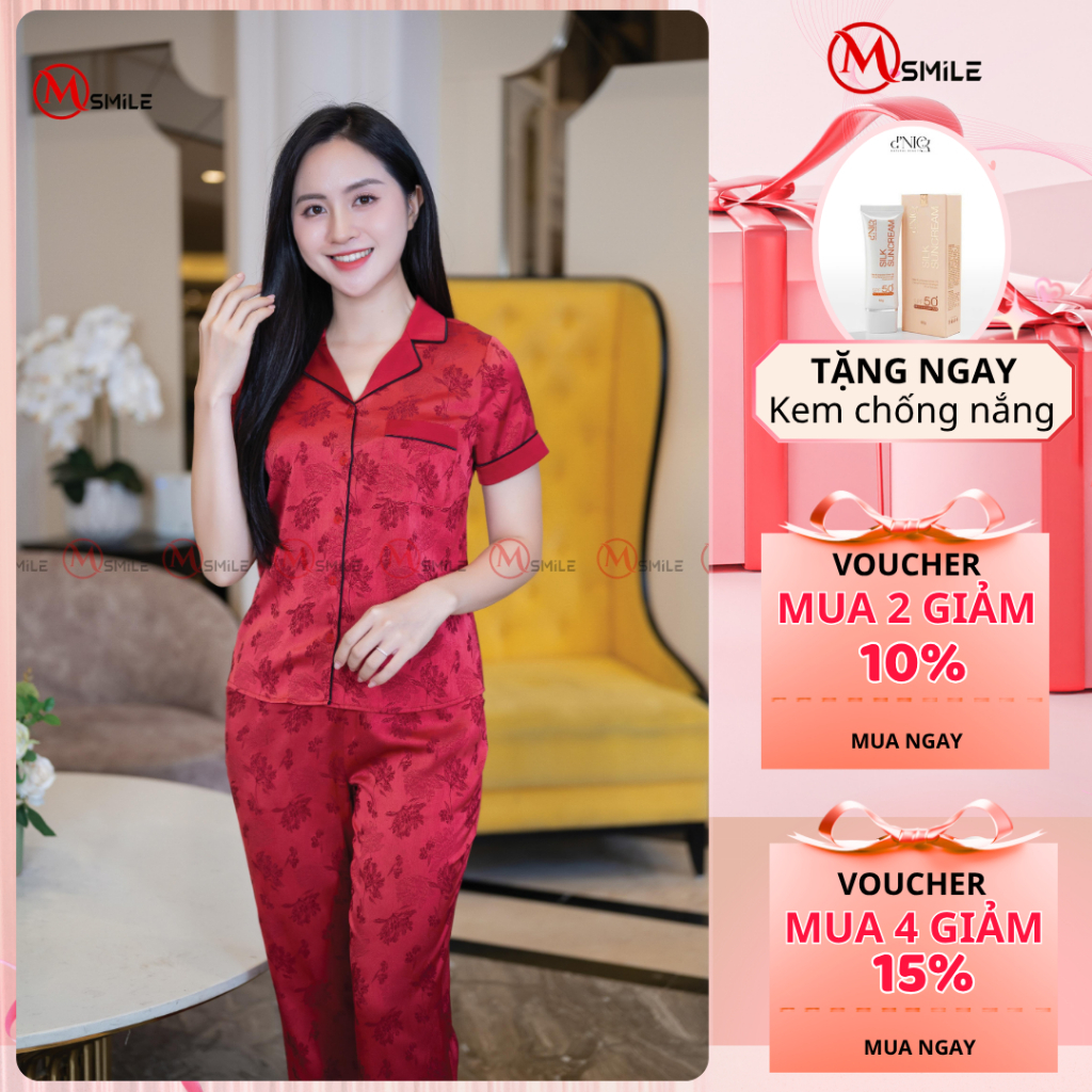 Bộ mặc nhà MSMILE lụa Satin cao cấp tay ngắn quần dài, đồ bộ trung niên chất liệu mịn màng, thoáng m