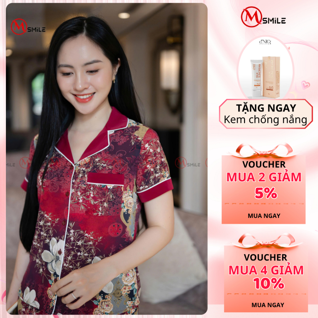 Bộ mặc nhà MSMILE gấm hoa cao cấp tay ngắn quần dài, chất liệu mịn màng, thoáng mát - BD388