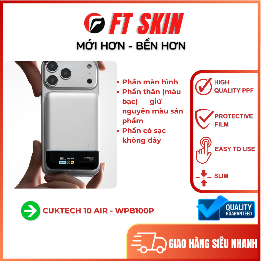 Miếng dán PPF dành cho sạc dự phòng Cuktech 10 Air WPB100P chống trầy xước, bền bỉ - FT store