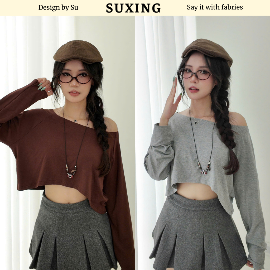 Áo thun tay dài dáng croptop cổ tròn mặc lệch vai nữ - Suxing - S259