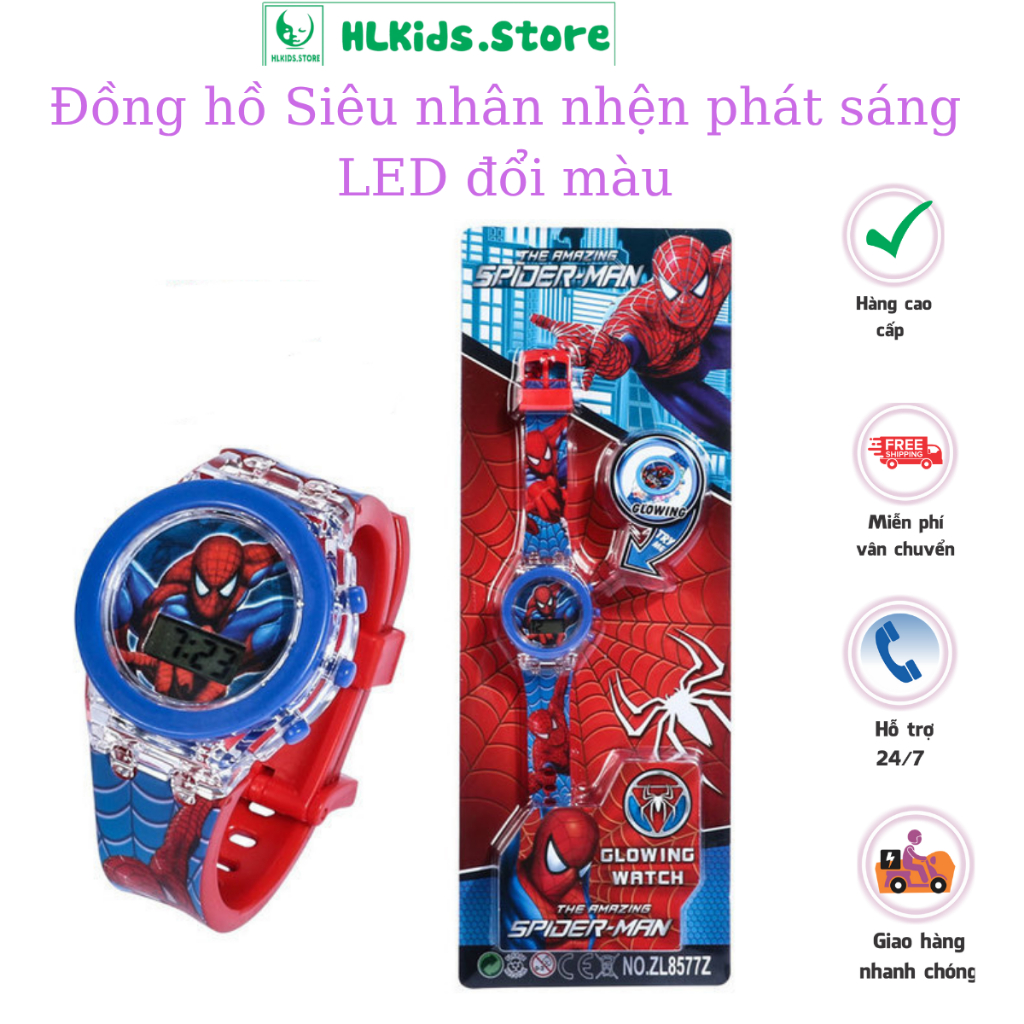 Đồng hồ siêu nhân nhện, đồng hồ đeo tay đèn LED đổi màu nhiều mẫu cho bé trai+ gái